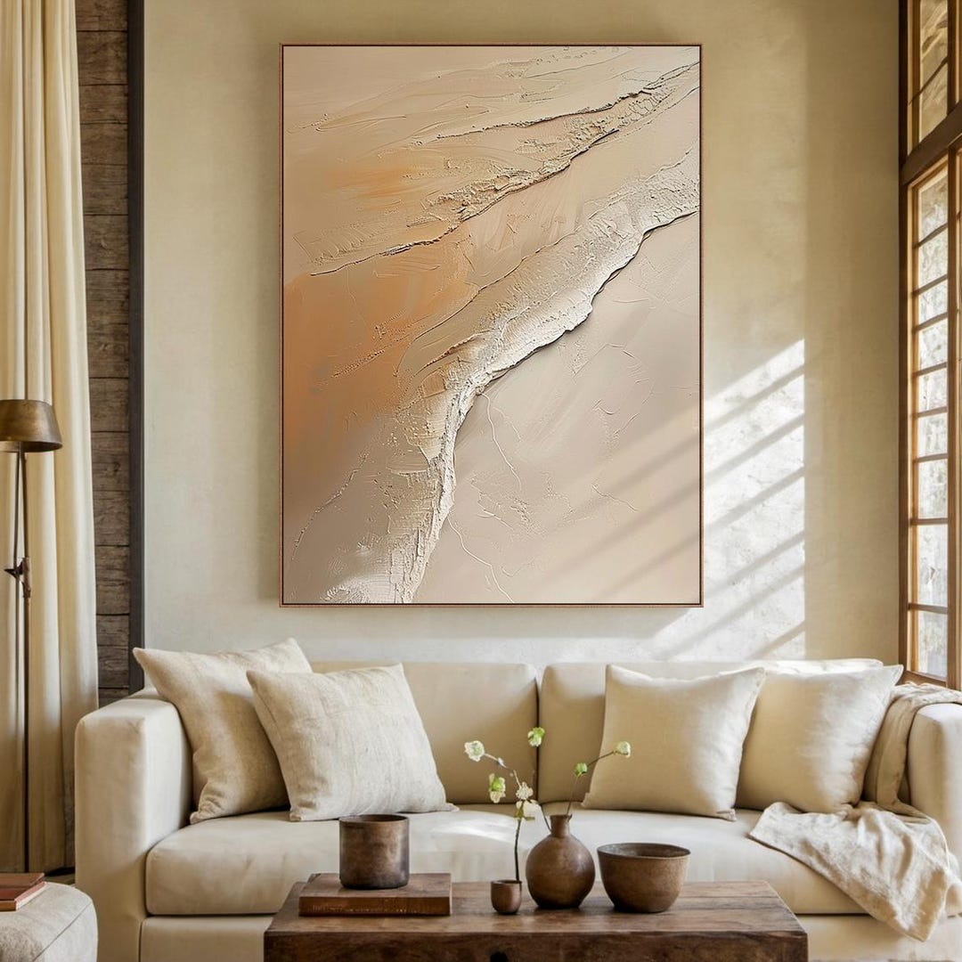 Large Beige Canvas Abstract Painting, Beige Wabi-sabi Minimalist Wall ...
