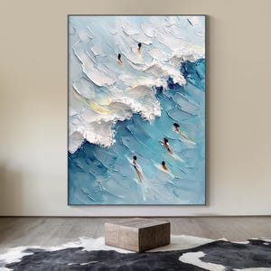 Large blue ocean wall art, ocean swimming painting, multiple people swimming canvas painting, minimalist art, modern living room