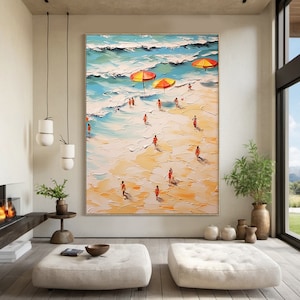 Large original beach abstract canvas painting, textured wall art, natural landscape acrylic painting, home decor