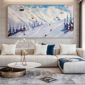 Art 3D original de sport de ski, art mural blanc de peinture de paysage de ski, cadeau de skieur, skis blancs et peinture de téléphérique, peinture de skieur moderne