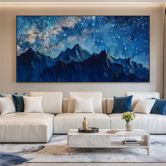 Mountain Starry Sky Painting, Large Blue Night Scene Canvas Oil