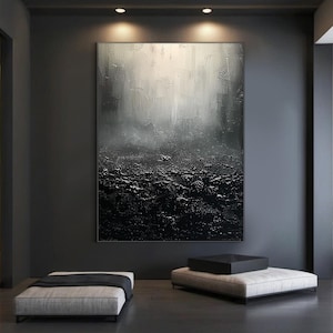 Black minimalist abstract oil painting, black wabi-sabi wall painting, beige and grey abstract art, modern living room wall painting