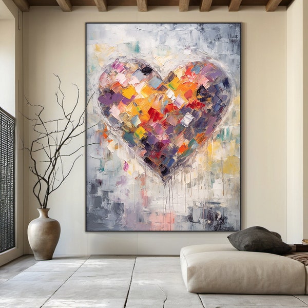Large-scale colorful heart-shaped abstract oil painting - modern textured canvas wall art, suitable for living room and bedroom decoration.