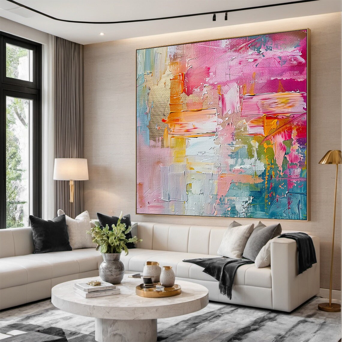 Large pink abstract oil painting, colorful handmade painting, modern office art, living room wall decoration