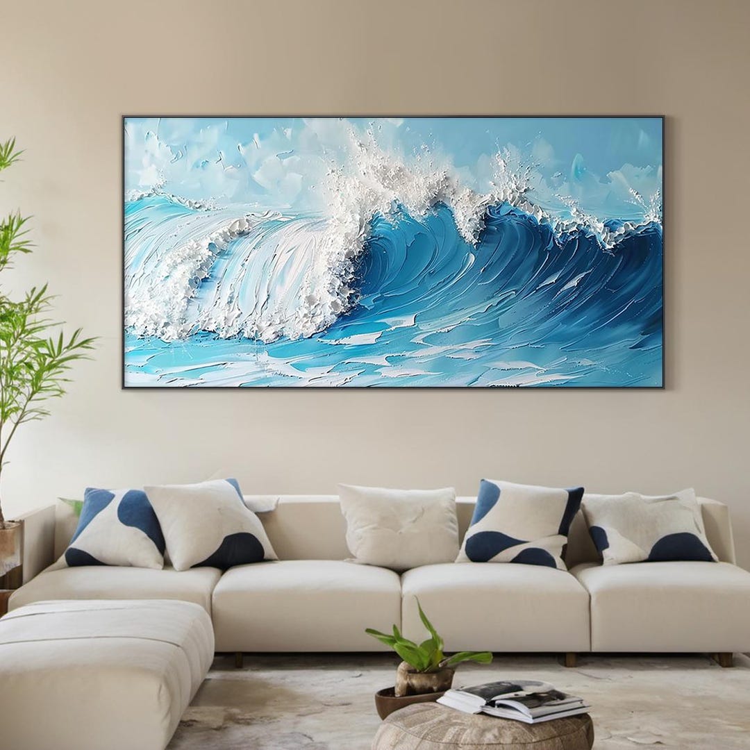 Original Blue Ocean Wave Abstract Painting, White Texture Art, Blue ...