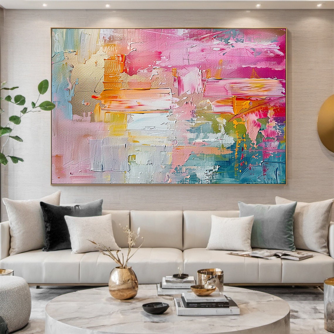 Large pink abstract oil painting, colorful handmade painting, modern office art, living room wall decoration