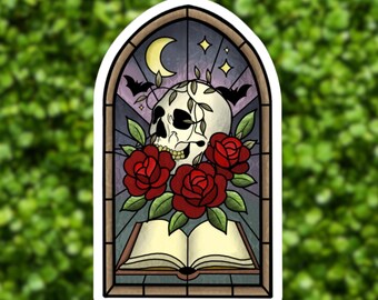 Stained Glass Skull Rose Sticker – Gothic Dark Academia Vinyl Decal (Laptop)