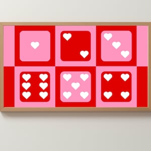 Puede incluir: Una obra de arte enmarcada con un patrón de tablero de ajedrez de cuadrados rojos y rosados. Cada cuadrado contiene corazones blancos en diferentes cantidades.