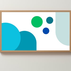 Puede incluir: Impresión de arte abstracto con fondo blanco y círculos azules, verdes y turquesa. Los círculos están dispuestos en un patrón aleatorio.