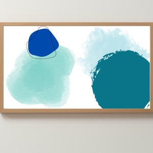 Puede incluir: Impresión de arte abstracto con un esquema de color azul y turquesa. La impresión presenta un círculo azul, una mancha azul y turquesa y un círculo turquesa sobre un fondo blanco.