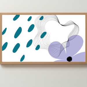 Puede incluir: Impresión de arte abstracto con una flor morada con un centro negro, rodeada de formas azul verdoso y blancas y líneas negras.