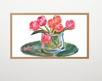 Pink Tulips Floral Smart TV Frame Wall Art 16:9