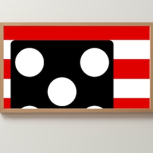 Puede incluir: Una impresión enmarcada de un cuadrado negro con tres círculos blancos sobre un fondo a rayas rojo y blanco.