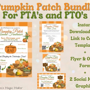 Peut inclure: Un lot numérique imprimable pour les organisations de PTA et de PTO pour organiser une collecte de fonds de citrouille. Le lot comprend un dépliant, un bon de commande et des graphismes pour les médias sociaux. Le dépliant présente un épouvantail, des citrouilles et le texte "Pumpkin Patch Annual Fundraiser".