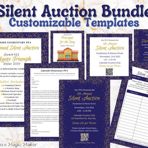 Op de afbeelding: Een set aanpasbare sjablonen voor een stille veiling. De sjablonen hebben een blauw en gouden kleurenschema met een glinsterende achtergrond. De tekst bevat de naam van het evenement, de datum, de tijd, de locatie en de ticketprijs. De sjablonen zijn ontworpen om te worden gebruikt voor een schoolfondsverzameling.