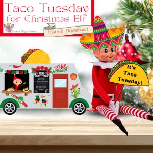 May include: A Christmas elf wearing a red and white striped shirt and a sombrero sits next to a taco truck. The truck has a sign that says "Feliz Navidad" and a menu with the words "Taco Tuesday".