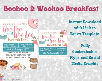 Boo-Hoo Woo-Hoo Breakfast Template Bundle | Editable Flyer & Social Media Graphic for School Events * Flyer for PTA's, PTO's, and Schools