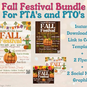 Puede incluir: Un paquete de descarga digital para un festival de otoño. El paquete incluye dos folletos y dos gráficos para redes sociales. Los folletos presentan una calabaza, un espantapájaros y el texto "Lakeside PTA 5th Annual Fall Festival". Los gráficos presentan una calabaza y el texto "Lakeside PTA Fall Festival".