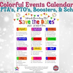 Vibrant PTA/PTO/Booster Club Save the Date Events Calendar Canva Template - 1 Page Annual Overview