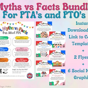 Mythen versus feiten Canva-sjabloonbundel voor PTA's en PTO's, Flyer Myth Buster, factsheets