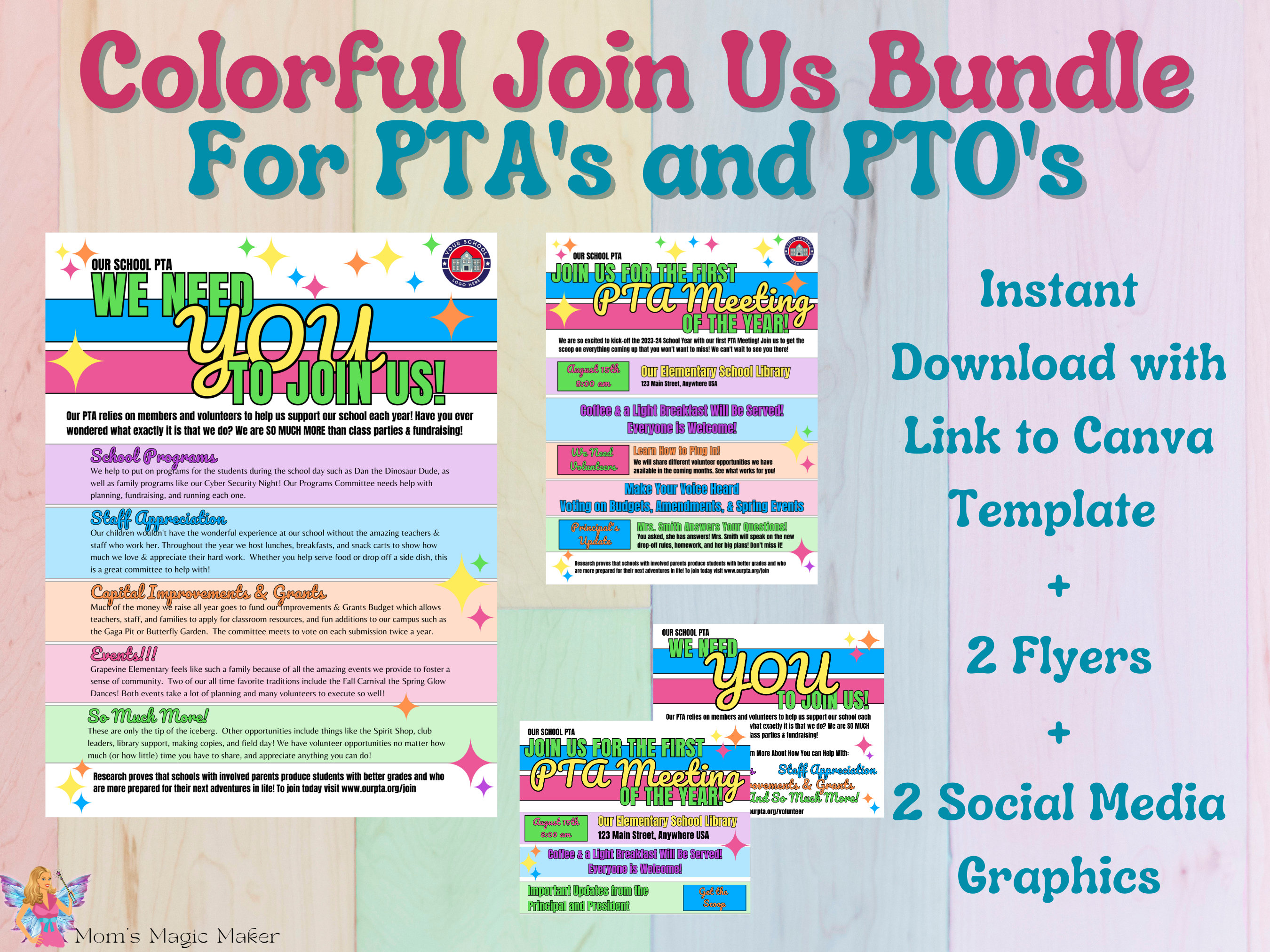 Vibrant Canva Template Bundle for PTA, PTO, and Booster Clubs * Volunteer and Join Us * Meeting Invitation