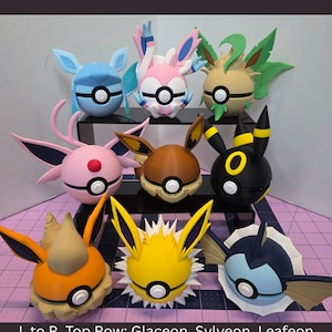 May include: A collection of nine colorful Eevee character figures. The figures are arranged in three rows, with each figure having unique features and colors. Text at the bottom identifies each character. The text at the top says "Full Eevee Collection."