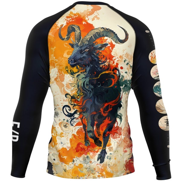 The Goat Chinese Dynasty Rashguard.  Zodiac. UPF Long Sleeve Activewear compression shirt. For Nogi bjj, mma, wrestling, weightlifting +