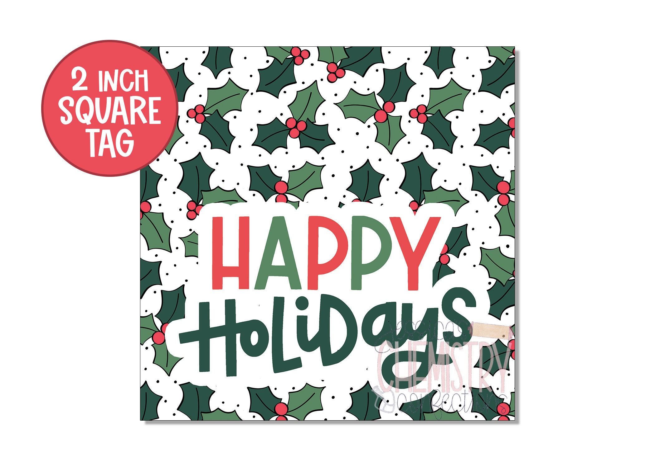 Fijne feestdagen vierkante tag | Fijne feestdagen-tag | Hulstbladeren | Kerstlabel | Cadeaukaartje | Cookietag | Koekje afdrukbaar | Directe download