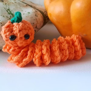 Peut inclure: Une citrouille orange en crochet avec une tige verte et des yeux noirs. La citrouille est attachée à une longue queue orange en crochet.