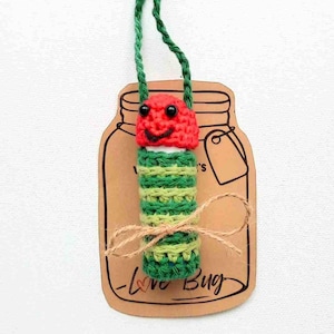 Puede incluir: Una oruga de crochet roja y verde con ojos negros y una boca sonriente. La oruga está colgada de una etiqueta de papel marrón con el texto "Love Bug" en ella.