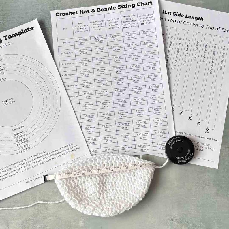 Crochet Beanie & Hat Sizing Chart + Template | PDF Printable | Instant ...