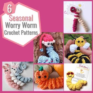 6 Seasonal Worry Worms Crochet Patterns Bundle |  Crocheted Worry Worm | Sensory Fidget Worry Worm | Instant Download