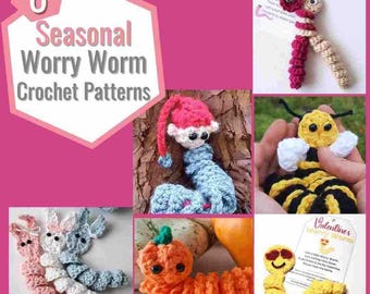 6 Seasonal Worry Worms Crochet Patterns Bundle |  Crocheted Worry Worm | Sensory Fidget Worry Worm | Instant Download