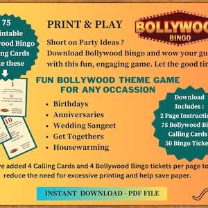 Descarga instantánea de Bollywood Bingo / Juego divertido con letras de canciones de Bollywood en tarjetas / Imprimible / Ideal para fiestas temáticas de Bollywood y diversión familiar