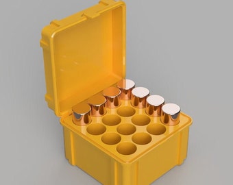 Puede incluir: Una caja de almacenamiento de plástico amarilla con una tapa con bisagras, abierta para revelar filas de pequeños contenedores redondos de color cobre.