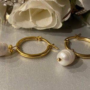 Pearl drop earrings, gold plated dainty hoops with pearls