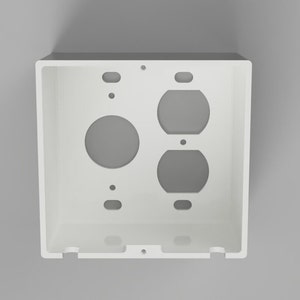 May include: White plastic electrical box with two round openings and two rectangular openings for electrical outlets.