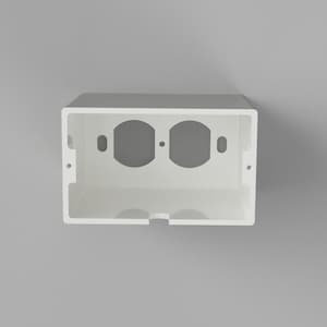 May include: White plastic electrical outlet box with two cutouts for electrical outlets.