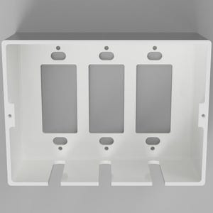 May include: A white, rectangular electrical box designed to hold three light switches or outlets. The box has three rectangular openings and three slots at the bottom for wires. Mounting holes are visible on the sides.