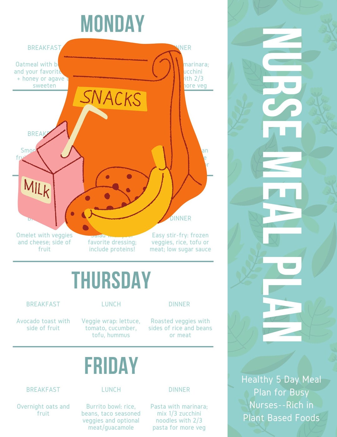 5 Day Meal Plan for Nurses Etsy