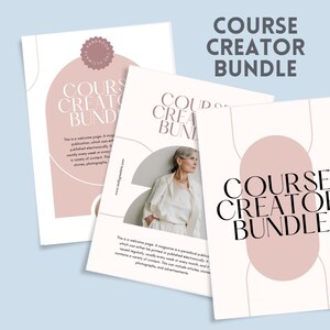 Peut inclure: Plusieurs pages de bienvenue blanches et roses du Course Creator Bundle. Les pages présentent le texte "COURSE CREATOR BUNDLE" en gras. Une page contient une photo d'une femme en costume blanc. Le texte "The Ultimate Handbook" est également visible.