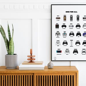 May include: A framed poster with the title "ONE FOR ALL" shows a timeline of video game controllers. The poster is displayed on a wooden cabinet with a potted plant, books, and decorative objects.