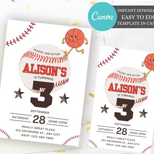 Bearbeitbare Baseball-Party-Einladung, Baseball-erste Geburtstagseinladung, Baseball-Geburtstags-Einladungsvorlage, Sport-Geburtstags-Einladung,