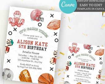 May include: A printable 5th birthday party invitation featuring a watercolor illustration of sports equipment, including a football, basketball, baseball glove, soccer ball, and dice. The invitation is decorated with a white background and red, blue, and green accents. The text on the invitation reads "It's Game Time!" and "Alison Kate 5th Birthday".