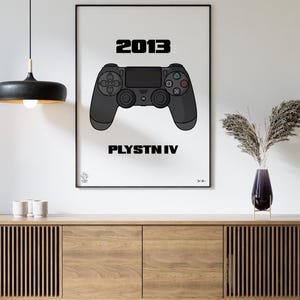 May include: A black and white illustration of a video game controller with the year 2013 and the text "PLYSTN IV" printed below the controller.