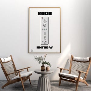 May include: A white poster with a black and white illustration of a Nintendo Wii remote. The poster has the text "2006" and "NINTENDO W" in black.