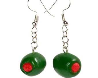 Handmade Green Olive Earrings: Pimento Martini Costume Jewelry