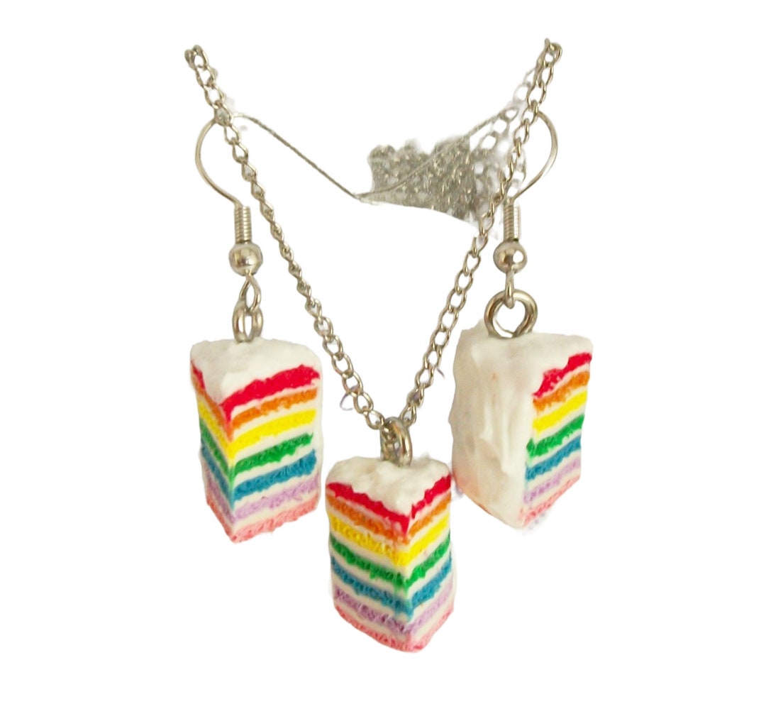 Rainbow Cake Slice Earrings and Necklace Jewelry Set Costume Kawaii