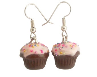 Chocolate Cupcake Earrings: Pink Icing, Rainbow Sprinkles, Dessert Jewelry