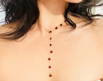 Garnet Dainty Chain Lariat Necklace, Red Stone Necklace, Gold filled, Y Pendant, Tiny Gem Necklace for Women, Fine Jewelry, Gift for Her